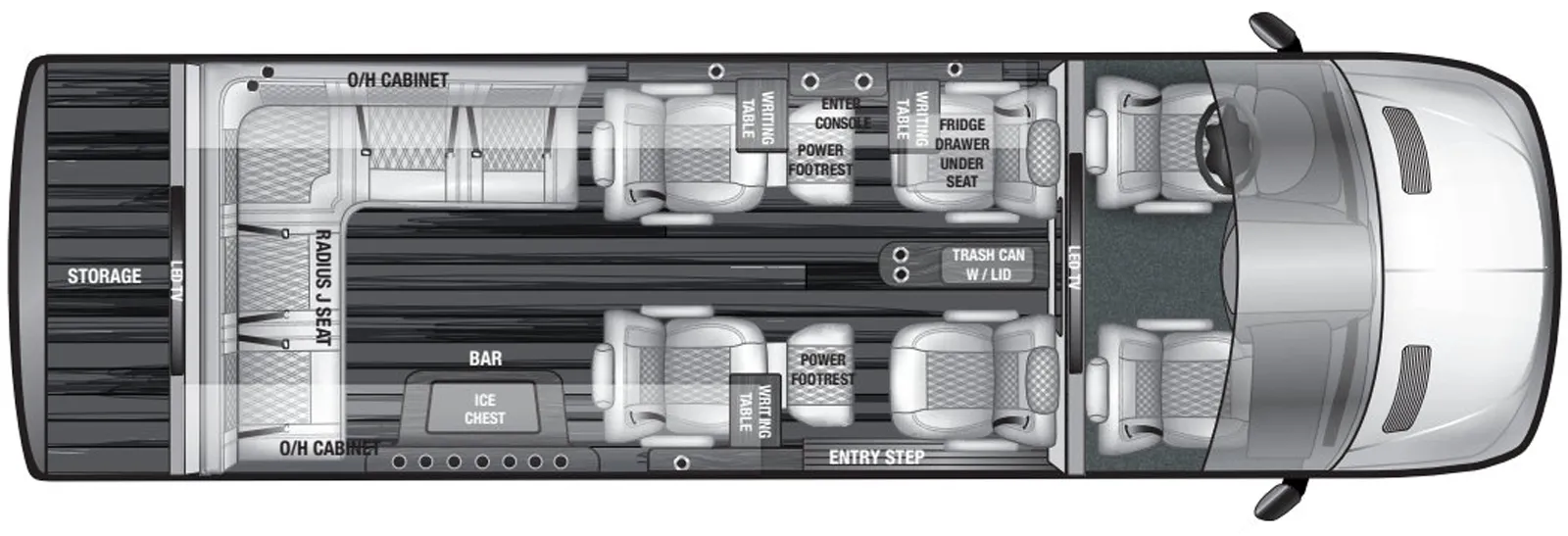 The VDRIVE 10RJ floorplan has one entry and zero slide outs. Exterior features include: 8' 2" awning. Interiors features include: captain chairs.