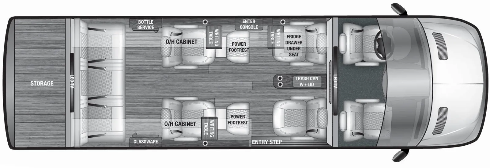 The VDRIVE 9RB floorplan has one entry and zero slide outs. Exterior features include: 8' 2" awning. Interiors features include: captain chairs.