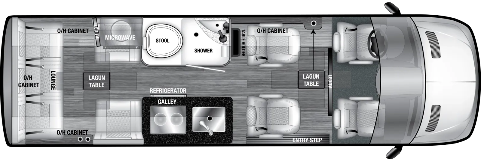 The VRV 7RL floorplan has one entry and zero slide outs. Exterior features include: 8' 2" awning. Interiors features include: rear living and captain chairs.