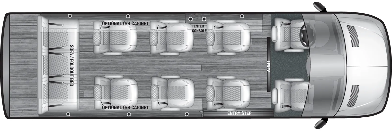 The V-Sport 11RB7 floorplan has one entry and zero slide outs. Interiors features include: Driver & Co-pilot, No Partition, 6 Captains Chairs with Rear Bench (11 Passenger)