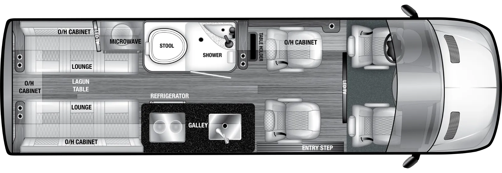 The VTOUR 3500XD 4TB floorplan has one entry and zero slide outs. Exterior features include: 8' 2" awning. Interiors features include: captain chairs.