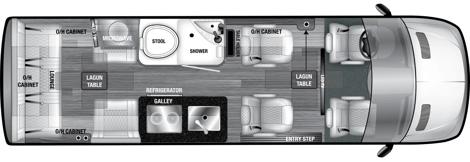 The VTOUR 3500XD 7RL floorplan has one entry and zero slide outs. Exterior features include: 8' 2" awning. Interiors features include: captain chairs.