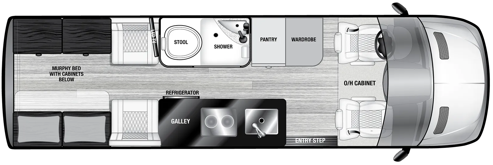 The VRV 2MB floorplan has one entry and zero slide outs. Exterior features include: 8' 2" awning. Interiors features include: murphy bed.