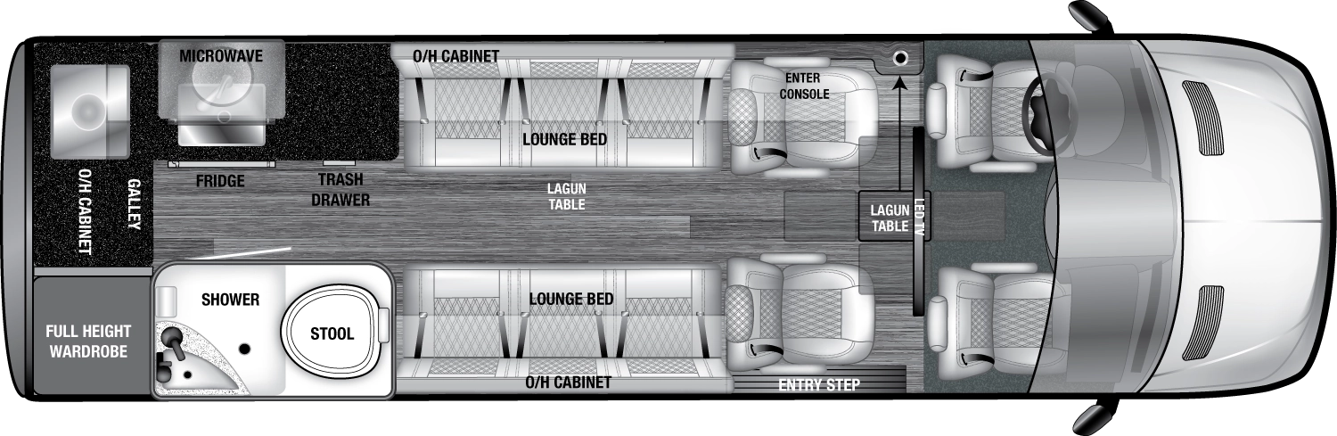 The VRV 10RK floorplan has one entry and zero slide outs. Exterior features include: 8' 2" awning. Interiors features include: captain chairs.